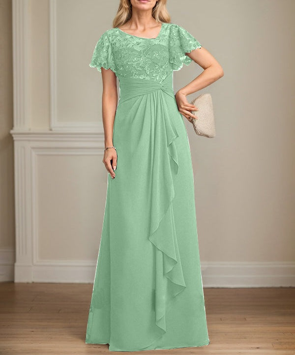 A-line Asymmetrical Illusion Floor-Length Lace Chiffon Mother of the Bride Dress With Cascading Ruffles Sequins