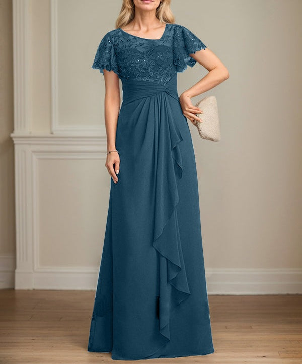A-line Asymmetrical Illusion Floor-Length Lace Chiffon Mother of the Bride Dress With Cascading Ruffles Sequins