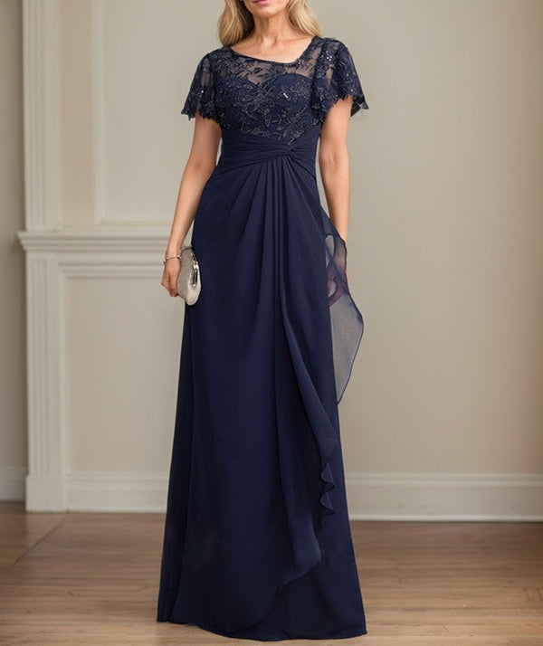 A-line Asymmetrical Illusion Floor-Length Lace Chiffon Mother of the Bride Dress With Cascading Ruffles Sequins