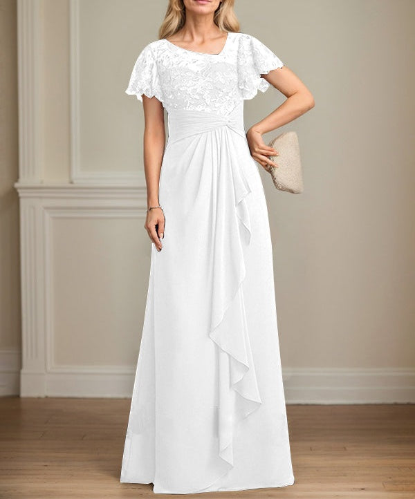 A-line Asymmetrical Illusion Floor-Length Lace Chiffon Mother of the Bride Dress With Cascading Ruffles Sequins