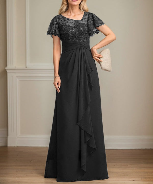 A-line Asymmetrical Illusion Floor-Length Lace Chiffon Mother of the Bride Dress With Cascading Ruffles Sequins