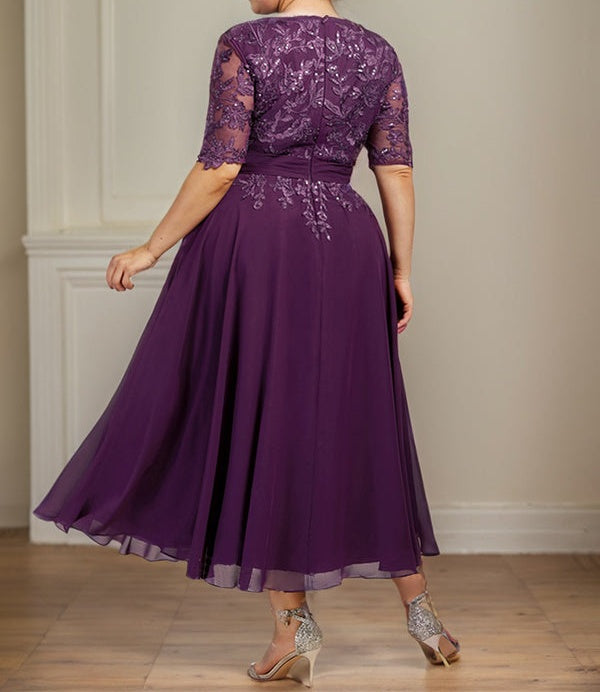 A-line V-Neck Tea-Length Lace Chiffon Mother of the Bride Dress With Sequins
