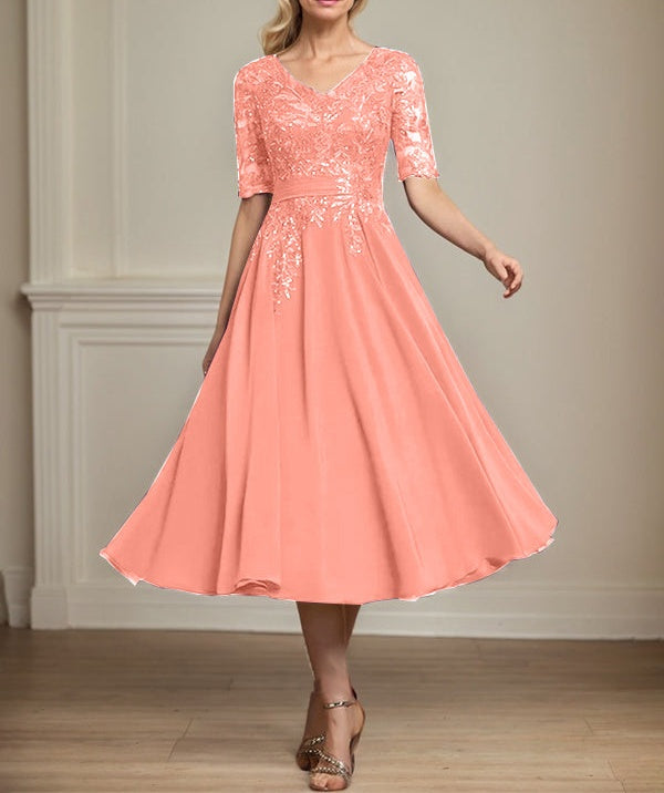 A-line V-Neck Tea-Length Lace Chiffon Mother of the Bride Dress With Sequins