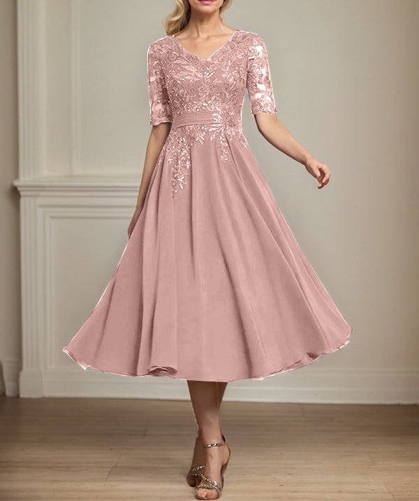 A-line V-Neck Tea-Length Lace Chiffon Mother of the Bride Dress With Sequins
