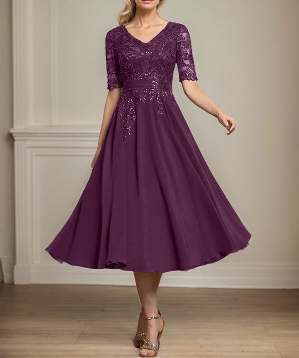 fitted lace wedding dress A-line V-Neck Tea-Length Lace Chiffon Mother of the Bride Dress With S