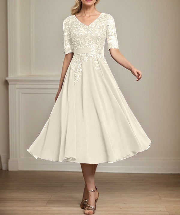A-line V-Neck Tea-Length Lace Chiffon Mother of the Bride Dress With Sequins