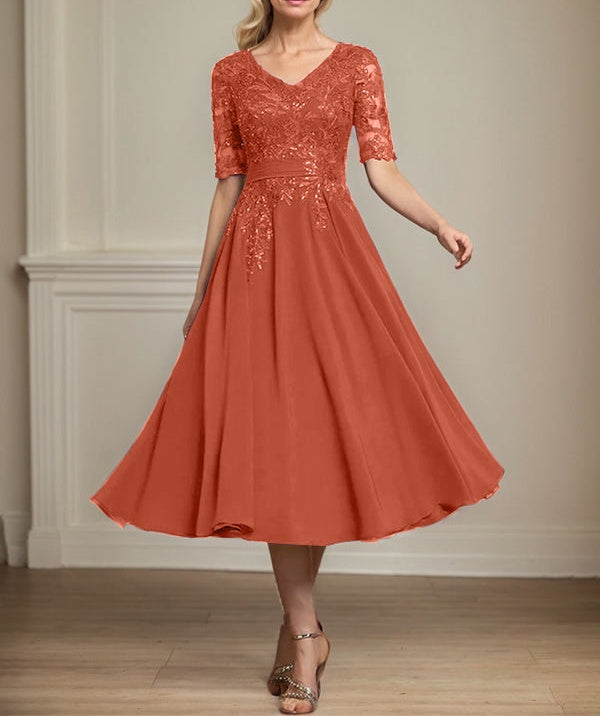 A-line V-Neck Tea-Length Lace Chiffon Mother of the Bride Dress With S