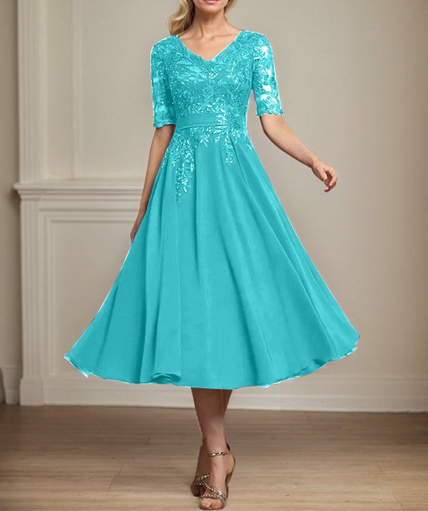 A-line V-Neck Tea-Length Lace Chiffon Mother of the Bride Dress With Sequins