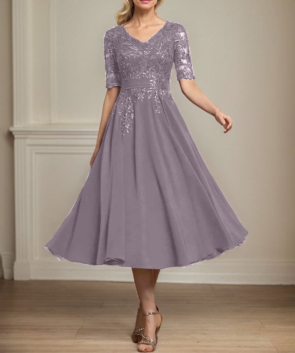 A-line V-Neck Tea-Length Lace Chiffon Mother of the Bride Dress With Sequins