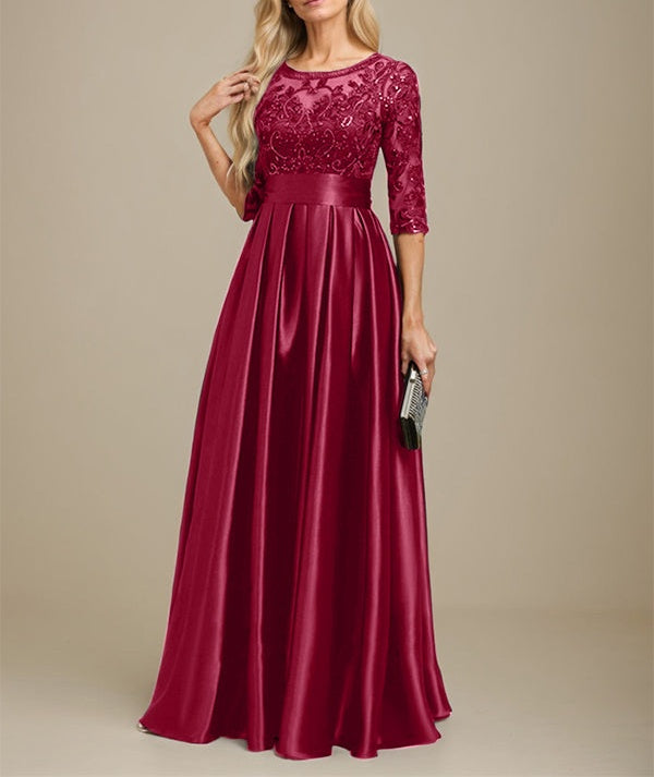 A-line Scoop Illusion Floor-Length Stretch Satin Lace Mother of the Bride Dress With Bow Sequins