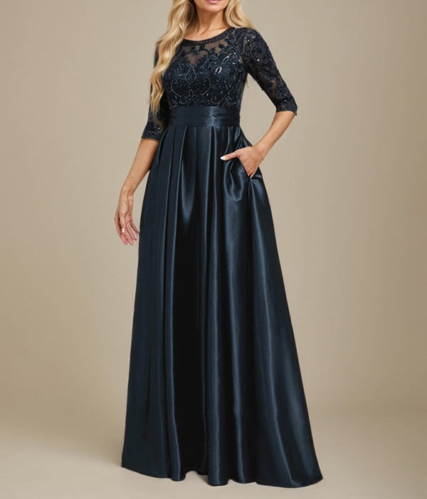 A-line Scoop Illusion Floor-Length Stretch Satin Lace Mother of the Bride Dress With Bow Sequins