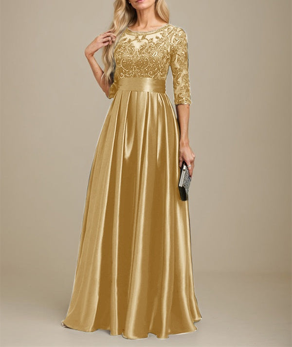 A-line Scoop Illusion Floor-Length Stretch Satin Lace Mother of the Bride Dress With Bow Sequins