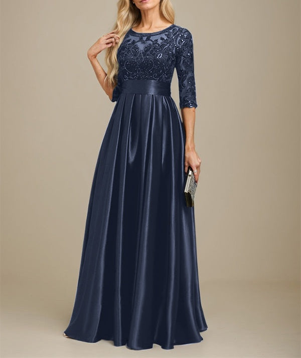 A-line Scoop Illusion Floor-Length Stretch Satin Lace Mother of the Bride Dress With Bow Sequins