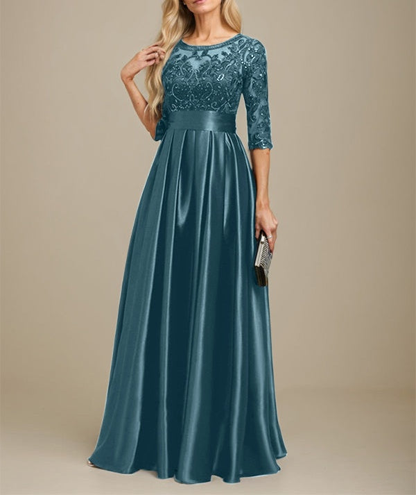 A-line Scoop Illusion Floor-Length Stretch Satin Lace Mother of the Bride Dress With Bow Sequins