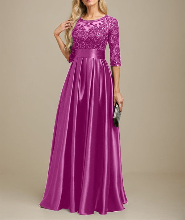 A-line Scoop Illusion Floor-Length Stretch Satin Lace Mother of the Bride Dress With Bow Sequins