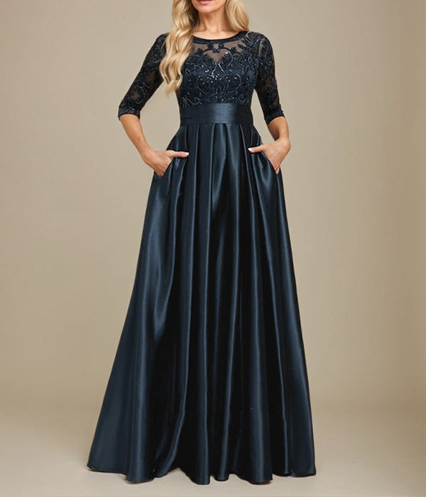 A-line Scoop Illusion Floor-Length Stretch Satin Lace Mother of the Bride Dress With Bow Sequins