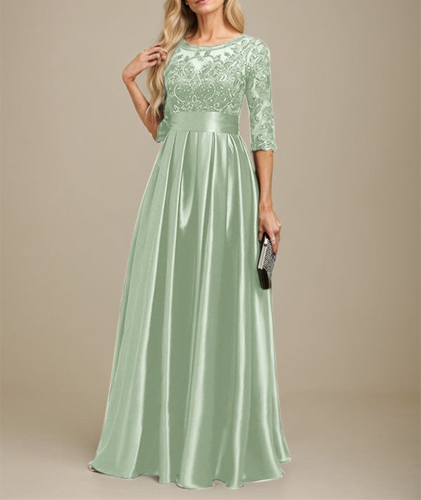 A-line Scoop Illusion Floor-Length Stretch Satin Lace Mother of the Bride Dress With Bow Sequins