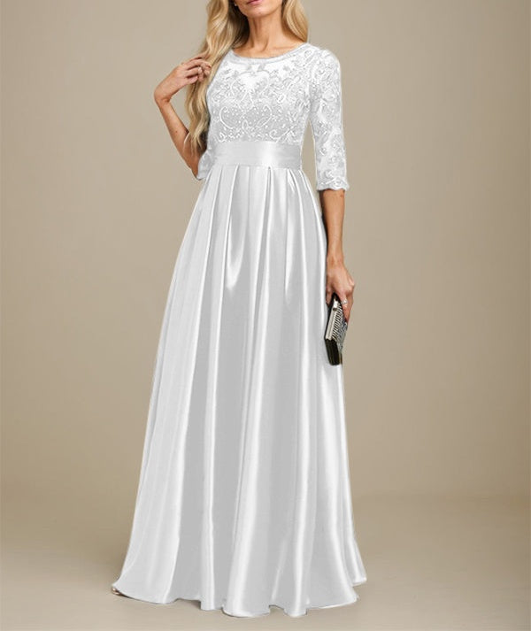 A-line Scoop Illusion Floor-Length Stretch Satin Lace Mother of the Bride Dress With Bow Sequins