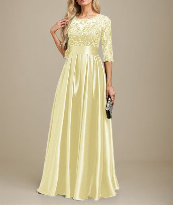 A-line Scoop Illusion Floor-Length Stretch Satin Lace Mother of the Bride Dress With Bow Sequins