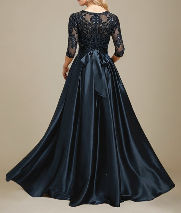 A-line Scoop Illusion Floor-Length Stretch Satin Lace Mother of the Bride Dress With Bow Sequins