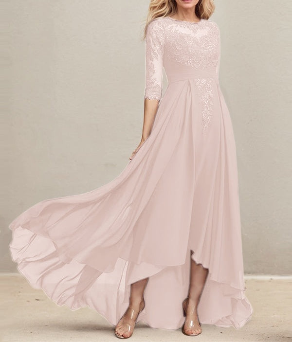 A-line Scoop Illusion Asymmetrical Lace Chiffon Mother of the Bride Dress With Pleated Sequins