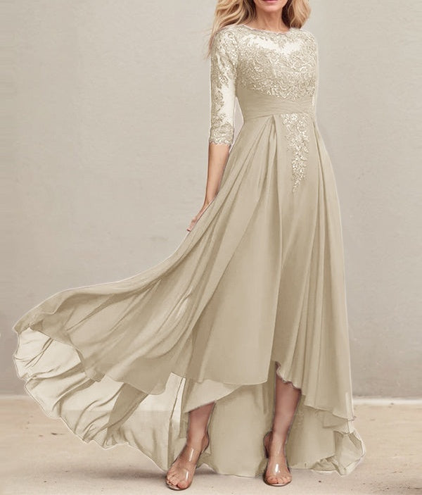 A-line Scoop Illusion Asymmetrical Lace Chiffon Mother of the Bride Dress With Pleated Sequins