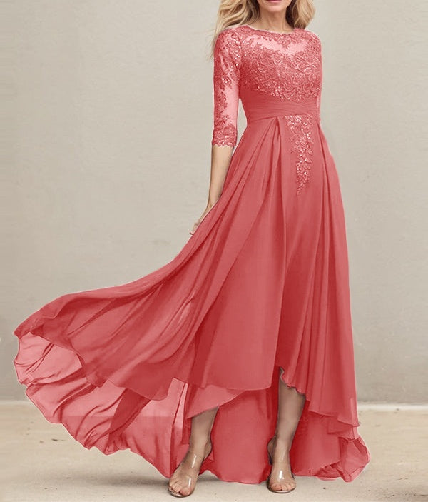A-line Scoop Illusion Asymmetrical Lace Chiffon Mother of the Bride Dress With Pleated Sequins