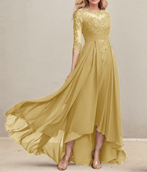 A-line Scoop Illusion Asymmetrical Lace Chiffon Mother of the Bride Dress With Pleated Sequins