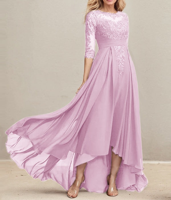 A-line Scoop Illusion Asymmetrical Lace Chiffon Mother of the Bride Dress With Pleated Sequins