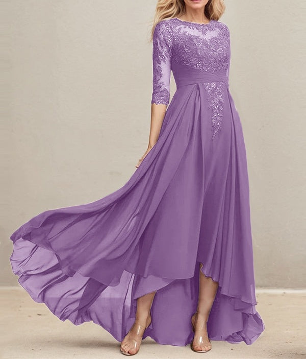 A-line Scoop Illusion Asymmetrical Lace Chiffon Mother of the Bride Dress With Pleated Sequins