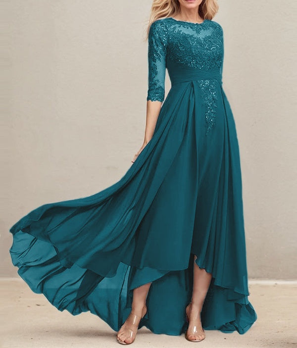 A-line Scoop Illusion Asymmetrical Lace Chiffon Mother of the Bride Dress With Pleated Sequins