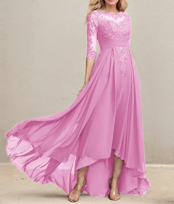 A-line Scoop Illusion Asymmetrical Lace Chiffon Mother of the Bride Dress With Pleated Sequins