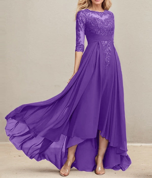 A-line Scoop Illusion Asymmetrical Lace Chiffon Mother of the Bride Dress With Pleated Sequins