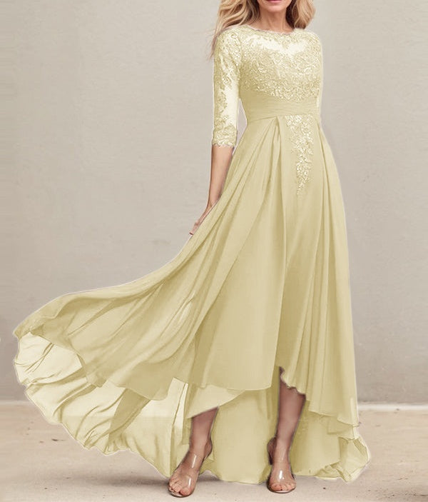A-line Scoop Illusion Asymmetrical Lace Chiffon Mother of the Bride Dress With Pleated Sequins
