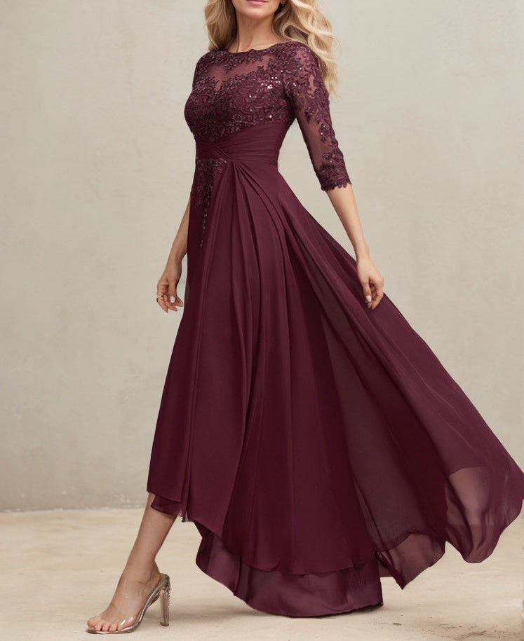 A-line Scoop Illusion Asymmetrical Lace Chiffon Mother of the Bride Dress With Pleated Sequins