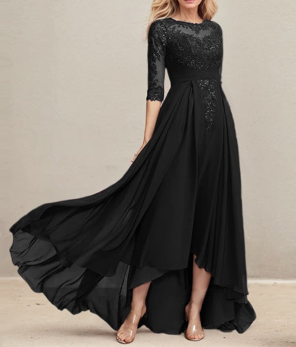 A-line Scoop Illusion Asymmetrical Lace Chiffon Mother of the Bride Dress With Pleated Sequins