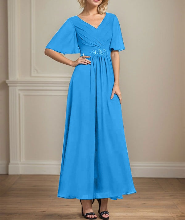 A-line V-Neck Ankle-Length Chiffon Mother of the Bride Dress With Pleated Beading Sequins