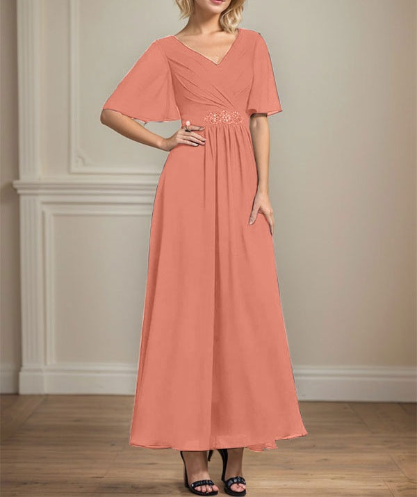A-line V-Neck Ankle-Length Chiffon Mother of the Bride Dress With Pleated Beading Sequins