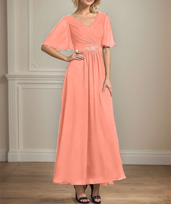A-line V-Neck Ankle-Length Chiffon Mother of the Bride Dress With Pleated Beading Sequins