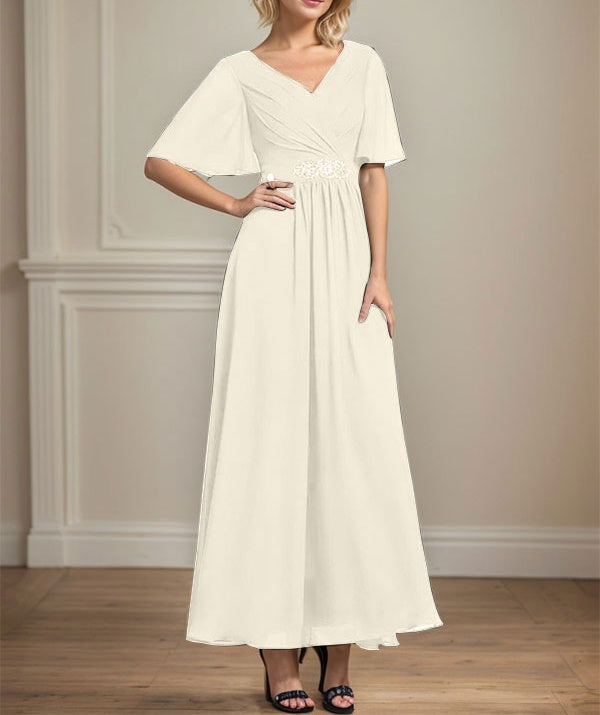A-line V-Neck Ankle-Length Chiffon Mother of the Bride Dress With Pleated Beading Sequins