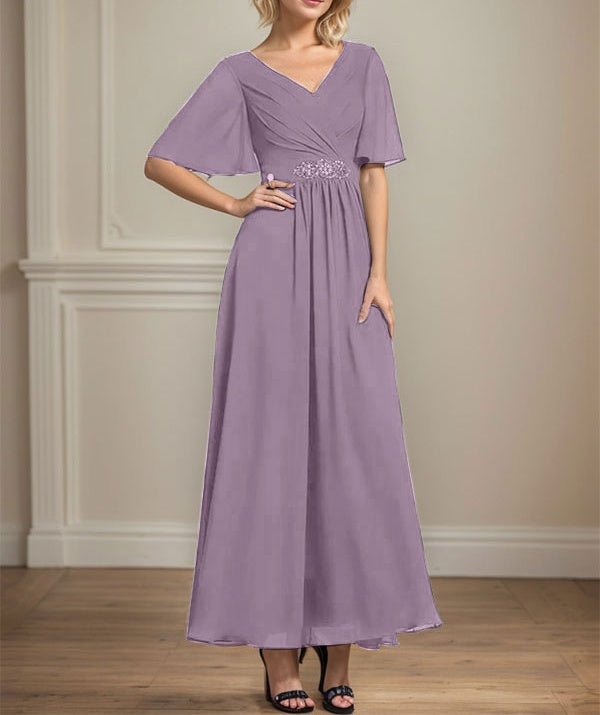 A-line V-Neck Ankle-Length Chiffon Mother of the Bride Dress With Pleated Beading Sequins