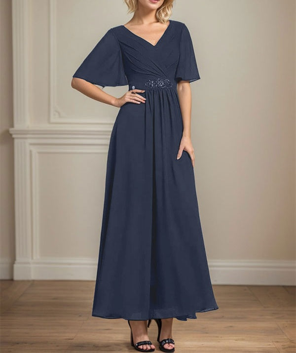 A-line V-Neck Ankle-Length Chiffon Mother of the Bride Dress With Pleated Beading Sequins