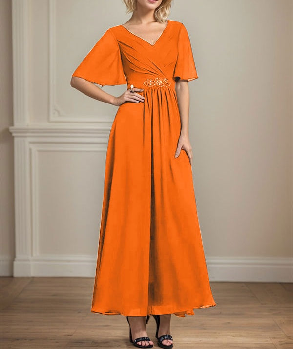 A-line V-Neck Ankle-Length Chiffon Mother of the Bride Dress With Pleated Beading Sequins