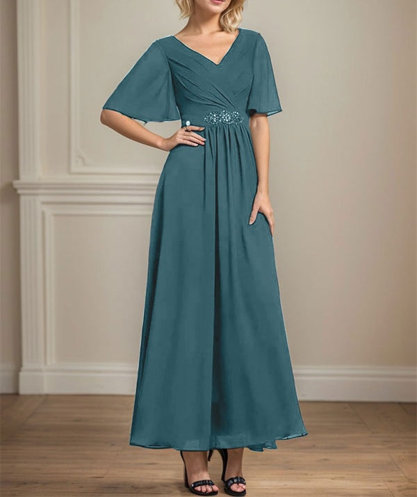 A-line V-Neck Ankle-Length Chiffon Mother of the Bride Dress With Pleated Beading Sequins