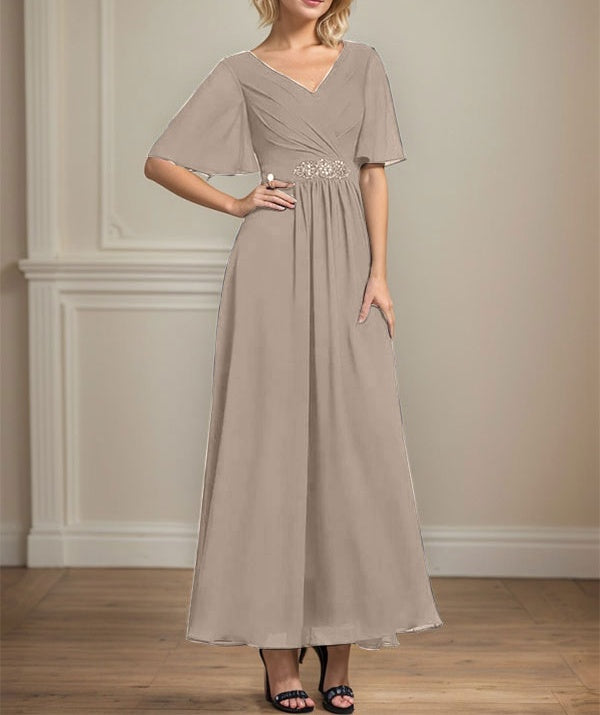 A-line V-Neck Ankle-Length Chiffon Mother of the Bride Dress With Pleated Beading Sequins