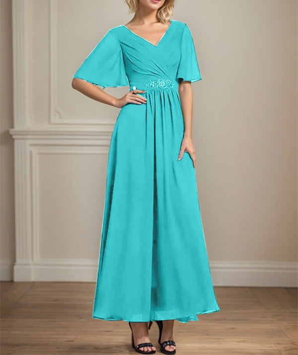 A-line V-Neck Ankle-Length Chiffon Mother of the Bride Dress With Pleated Beading Sequins