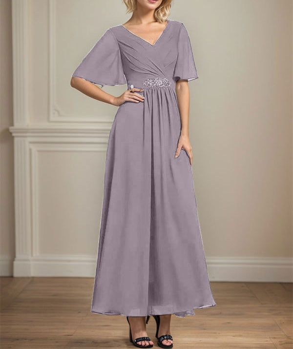 A-line V-Neck Ankle-Length Chiffon Mother of the Bride Dress With Pleated Beading Sequins