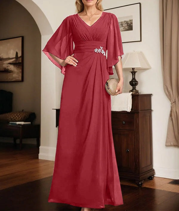 Sheath/Column V-Neck Floor-Length Chiffon Mother of the Bride Dress With Pleated Sequins Beading