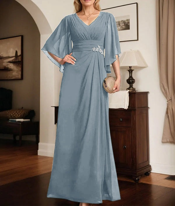 Sheath/Column V-Neck Floor-Length Chiffon Mother of the Bride Dress With Pleated Sequins Beading