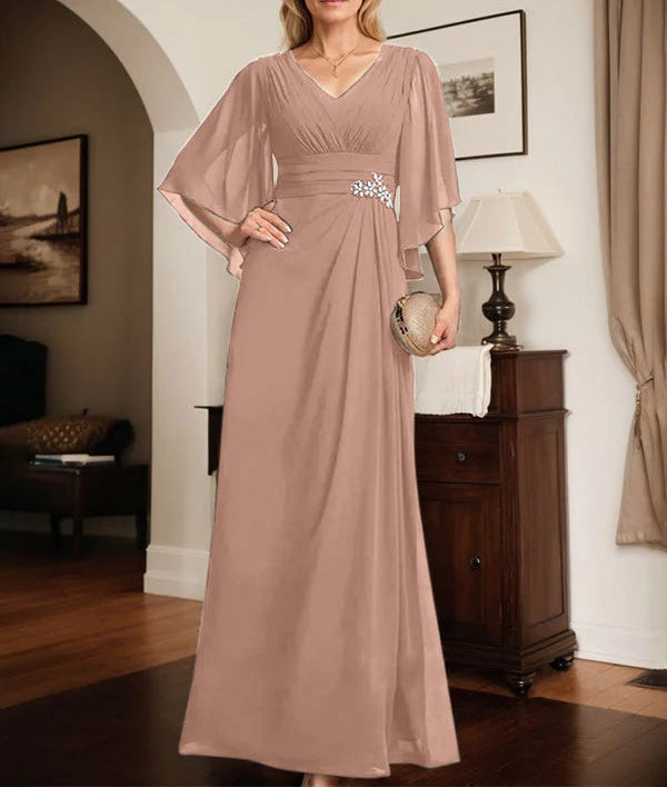 Sheath/Column V-Neck Floor-Length Chiffon Mother of the Bride Dress With Pleated Sequins Beading